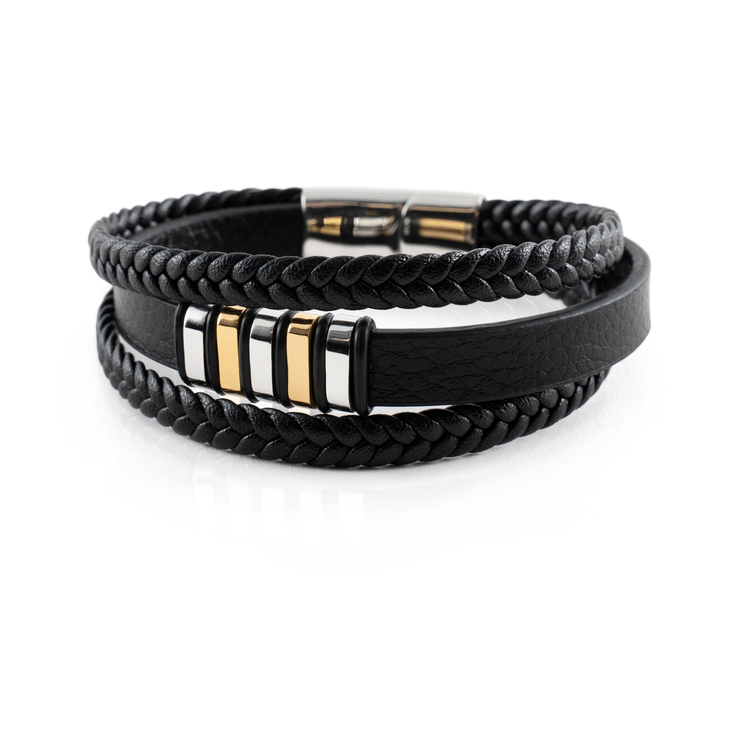 Vintage Wrap Black Men's Bracelet · Braided Leather & Stainless Steel + Gold · Jewelry Accessory Gift · 21 cm · Anwar