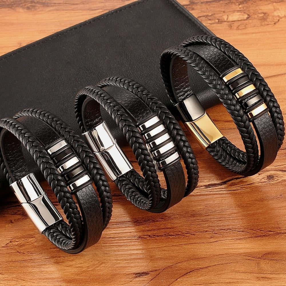 Black Leather and Steel Men's Bracelet